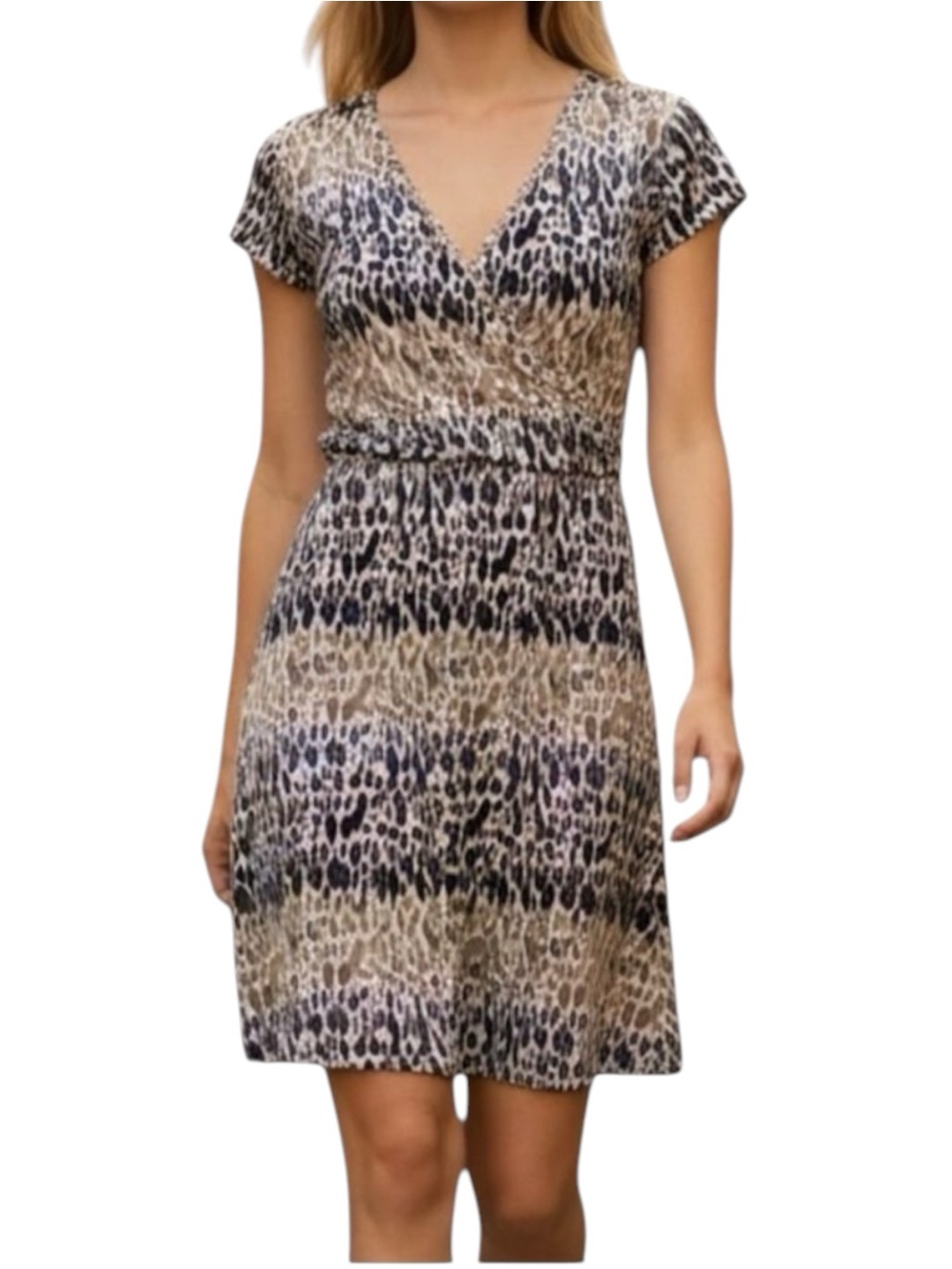 Loft Cream Tan Black Faux Wrap Short Sleeve Dress NWOT Size S Coastal Cowgirl